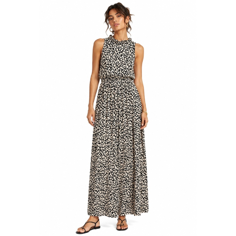 LASCANA Ruffle Neck Animal Print Maxi Dress 36 Black Cream Boho Resort Euro